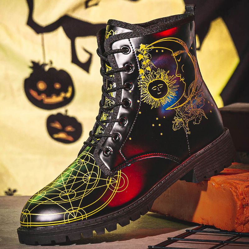 Män Läder Halloween Funny Printing Mjuk Sula Rund Tå Snörning Casual Platform Boots