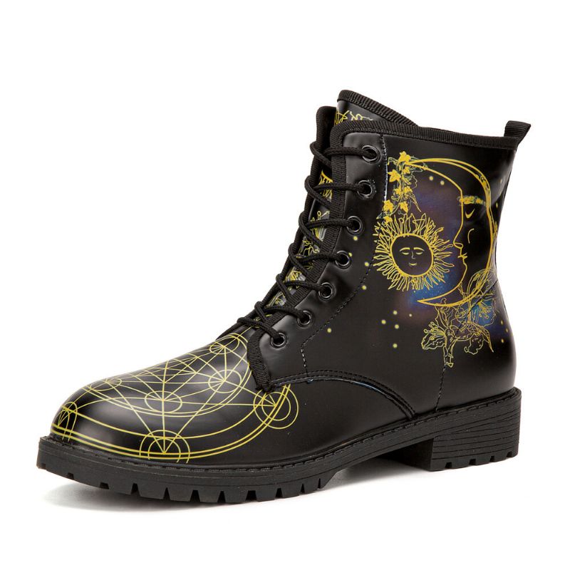 Män Läder Halloween Funny Printing Mjuk Sula Rund Tå Snörning Casual Platform Boots