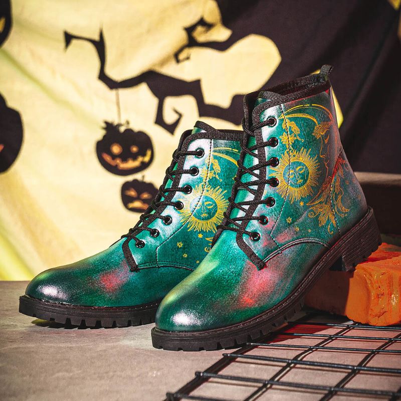 Män Läder Halloween Funny Printing Mjuk Sula Rund Tå Snörning Casual Platform Boots