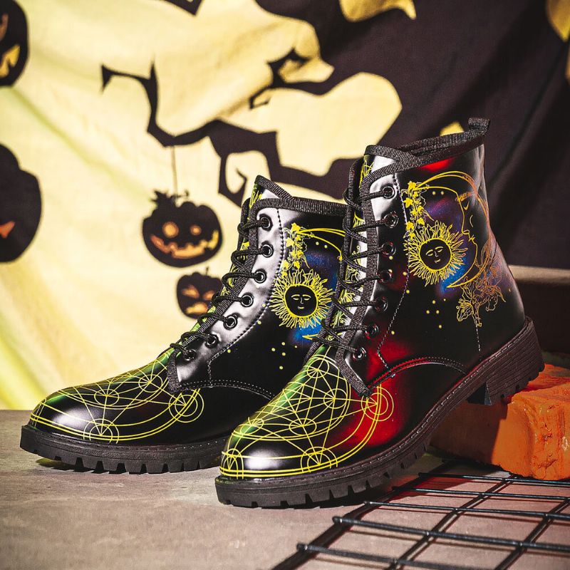 Män Läder Halloween Funny Printing Mjuk Sula Rund Tå Snörning Casual Platform Boots