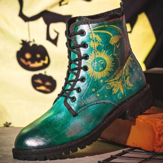 Män Läder Halloween Funny Printing Mjuk Sula Rund Tå Snörning Casual Platform Boots