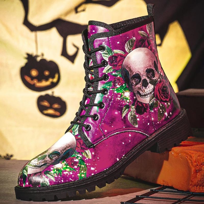 Män Läder Halloween Mjuk Sula Rund Tå Funny Skull Print Casual Martin Boots