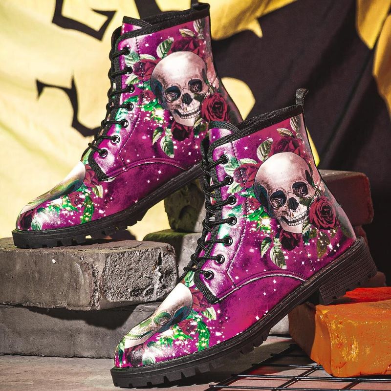 Män Läder Halloween Mjuk Sula Rund Tå Funny Skull Print Casual Martin Boots