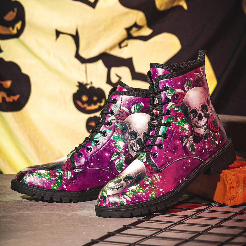 Män Läder Halloween Mjuk Sula Rund Tå Funny Skull Print Casual Martin Boots