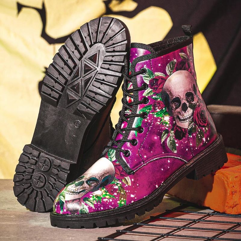 Män Läder Halloween Mjuk Sula Rund Tå Funny Skull Print Casual Martin Boots