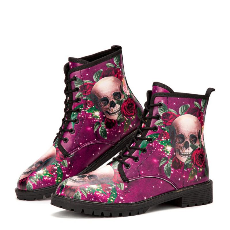 Män Läder Halloween Mjuk Sula Rund Tå Funny Skull Print Casual Martin Boots