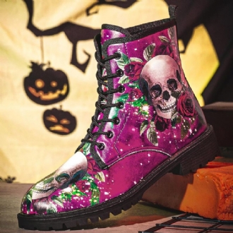 Män Läder Halloween Mjuk Sula Rund Tå Funny Skull Print Casual Martin Boots