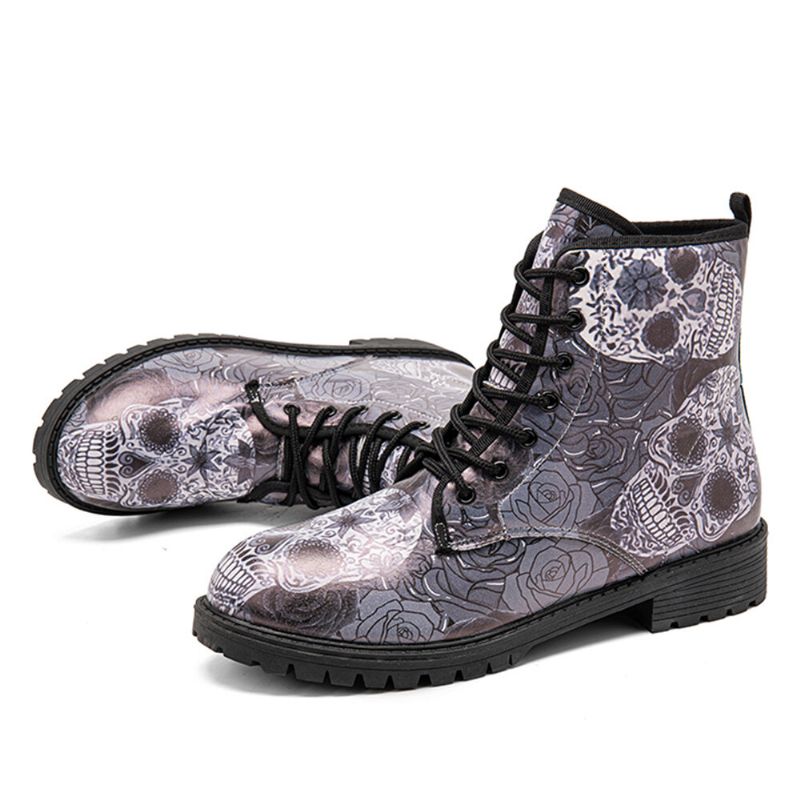 Män Läder Halloween Retro Blommigt Skallemönster Tjocksulor Snörning Mjuk Bekväm Casual Martin Boots