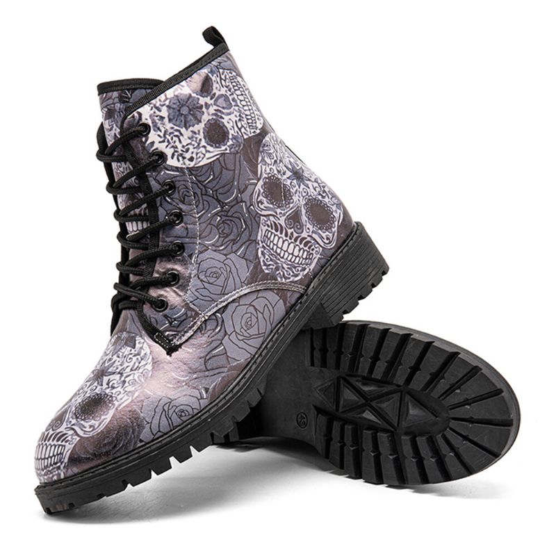 Män Läder Halloween Retro Blommigt Skallemönster Tjocksulor Snörning Mjuk Bekväm Casual Martin Boots