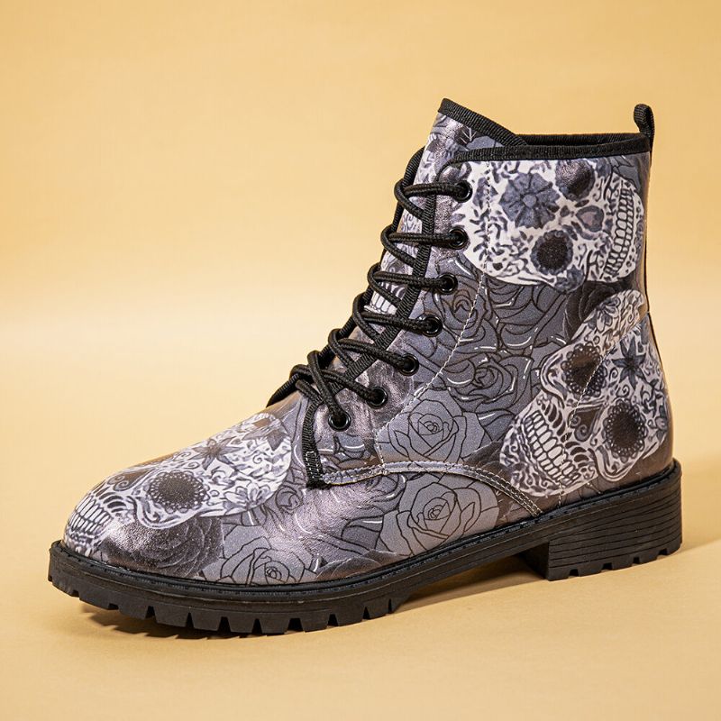 Män Läder Halloween Retro Blommigt Skallemönster Tjocksulor Snörning Mjuk Bekväm Casual Martin Boots