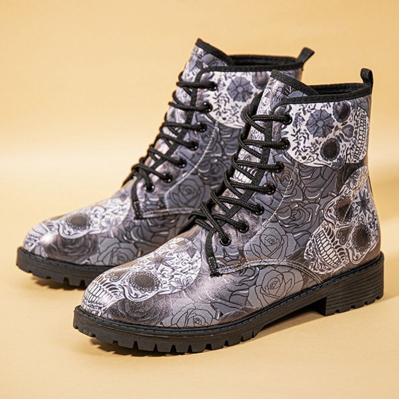 Män Läder Halloween Retro Blommigt Skallemönster Tjocksulor Snörning Mjuk Bekväm Casual Martin Boots