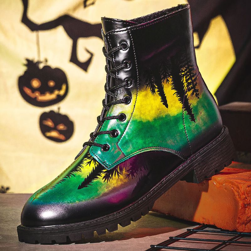 Män Läder Halloween Utskrift Mjuk Sula Rund Tå Comfy Färgglada Casual Martin Boots