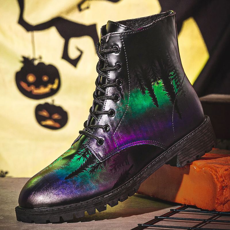 Män Läder Halloween Utskrift Mjuk Sula Rund Tå Comfy Färgglada Casual Martin Boots