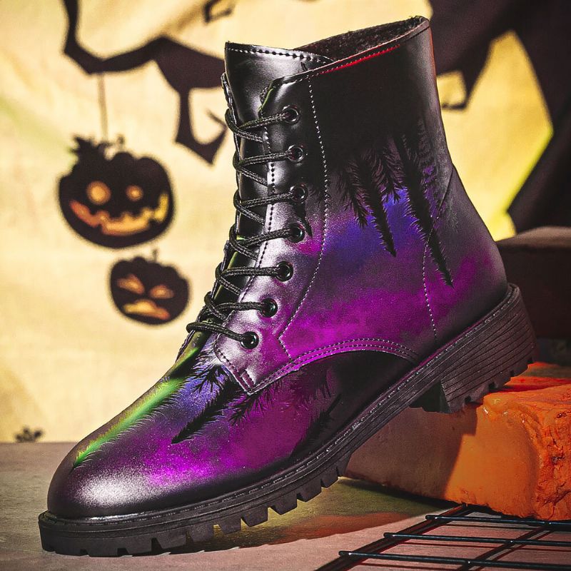 Män Läder Halloween Utskrift Mjuk Sula Rund Tå Comfy Färgglada Casual Martin Boots