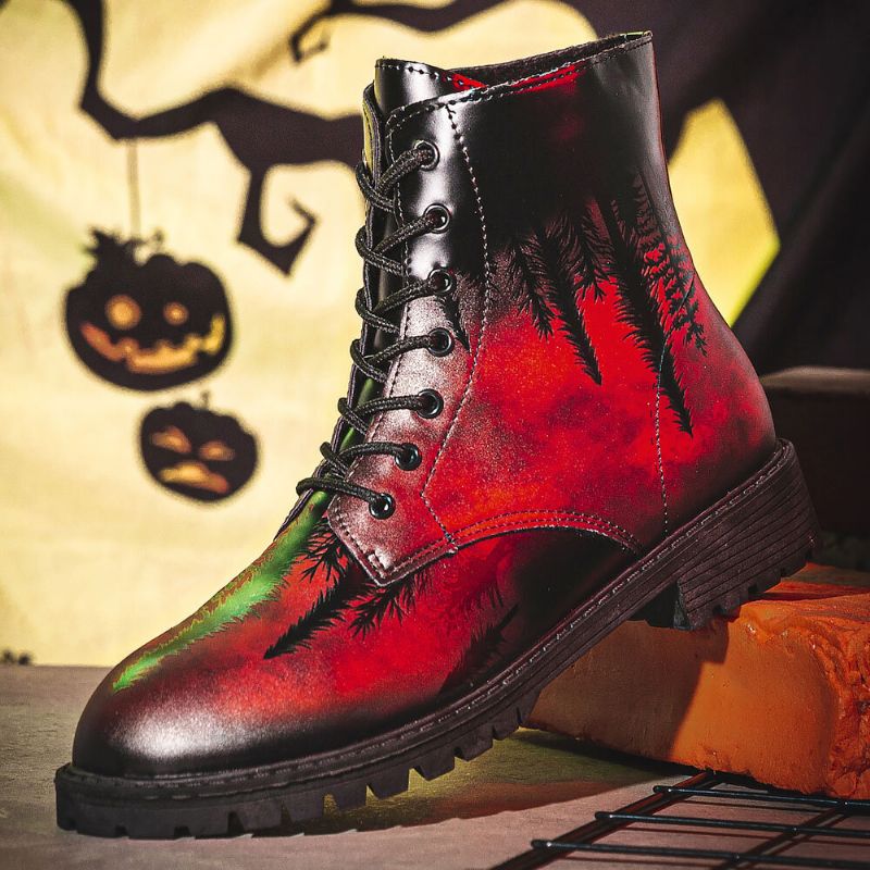 Män Läder Halloween Utskrift Mjuk Sula Rund Tå Comfy Färgglada Casual Martin Boots