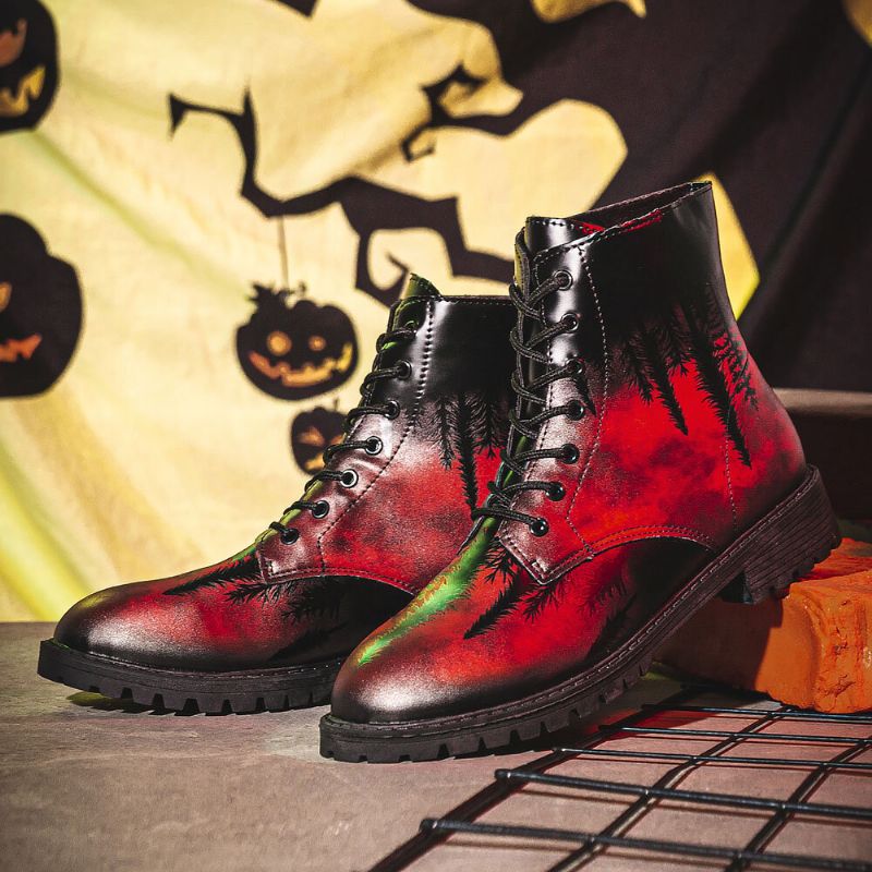 Män Läder Halloween Utskrift Mjuk Sula Rund Tå Comfy Färgglada Casual Martin Boots