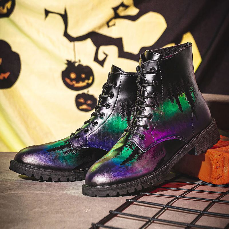 Män Läder Halloween Utskrift Mjuk Sula Rund Tå Comfy Färgglada Casual Martin Boots