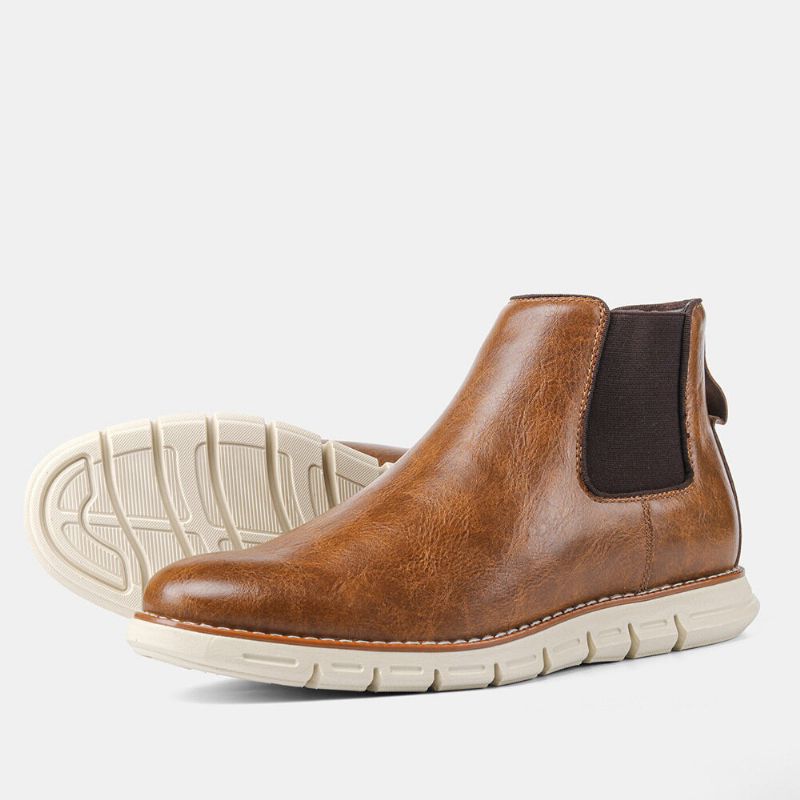 Män Läder Mjuk Sula Rund Tå Slip On Trendiga Chelsea Casual Boots