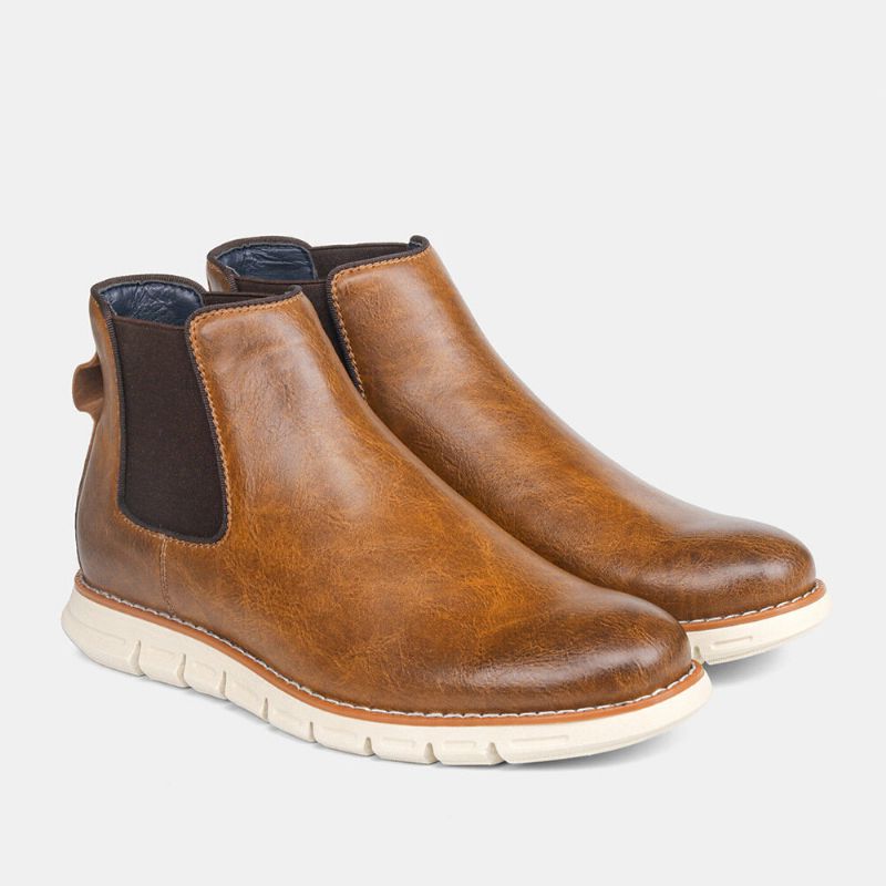 Män Läder Mjuk Sula Rund Tå Slip On Trendiga Chelsea Casual Boots