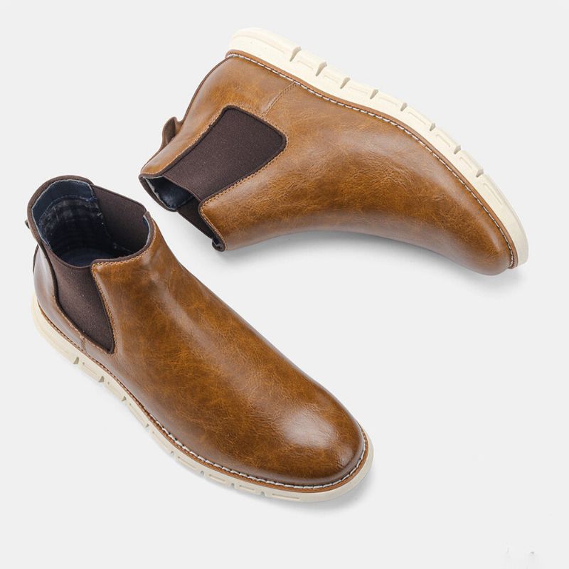 Män Läder Mjuk Sula Rund Tå Slip On Trendiga Chelsea Casual Boots