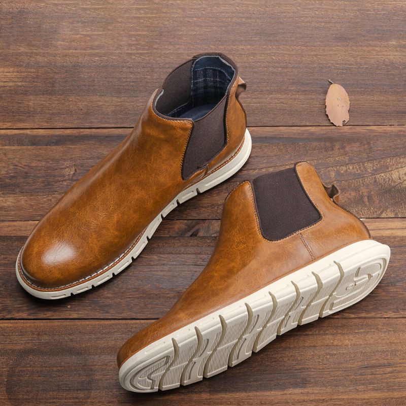 Män Läder Mjuk Sula Rund Tå Slip On Trendiga Chelsea Casual Boots