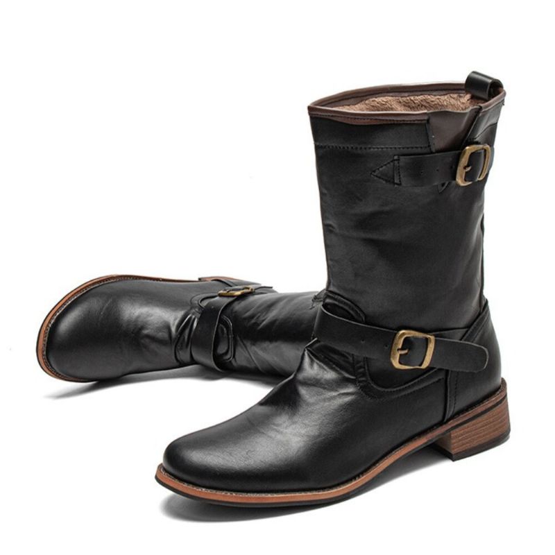 Män Läder Retro Rund Toe Halkfri Bekväm Slip On Solid Casual Martin Boots