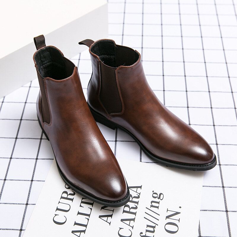 Män Läder Spetsad Tå Mjuk Sula Trendiga Slip On Casual Chelsea Boots