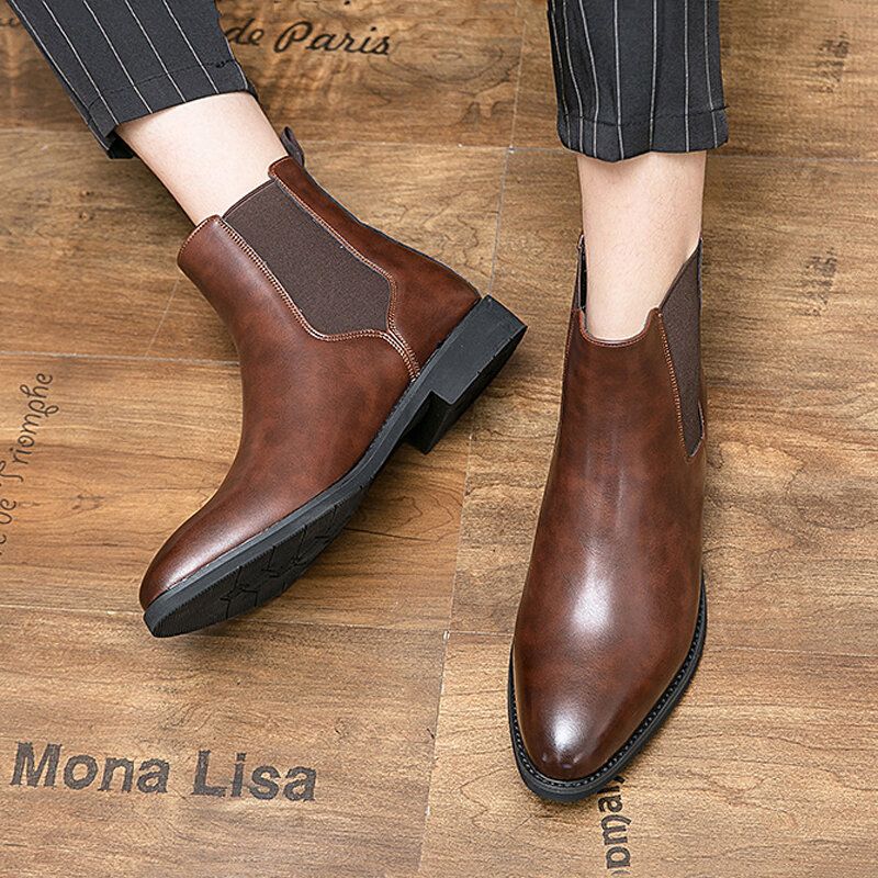 Män Läder Spetsad Tå Mjuk Sula Trendiga Slip On Casual Chelsea Boots