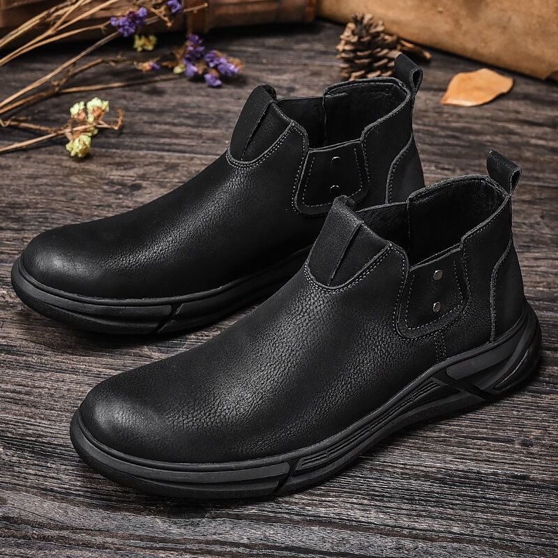 Män Retro Kohud Läder Halkfri Mjuk Sula Elastiska Slip On Chelsea Boots