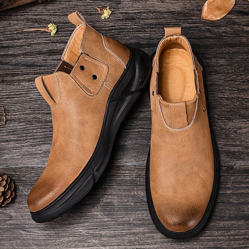 Män Retro Kohud Läder Halkfri Mjuk Sula Elastiska Slip On Chelsea Boots