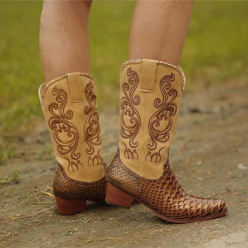 Plus Size Dam Broderade Splicing Chunky Heel Cowboystövlar Med Mitten Kalv