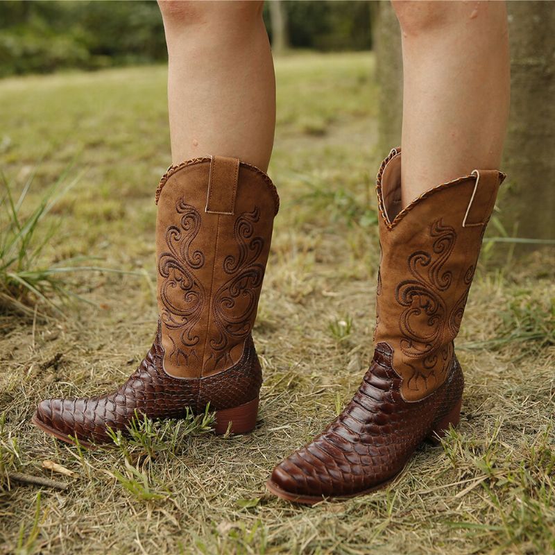 Plus Size Dam Broderade Splicing Chunky Heel Cowboystövlar Med Mitten Kalv