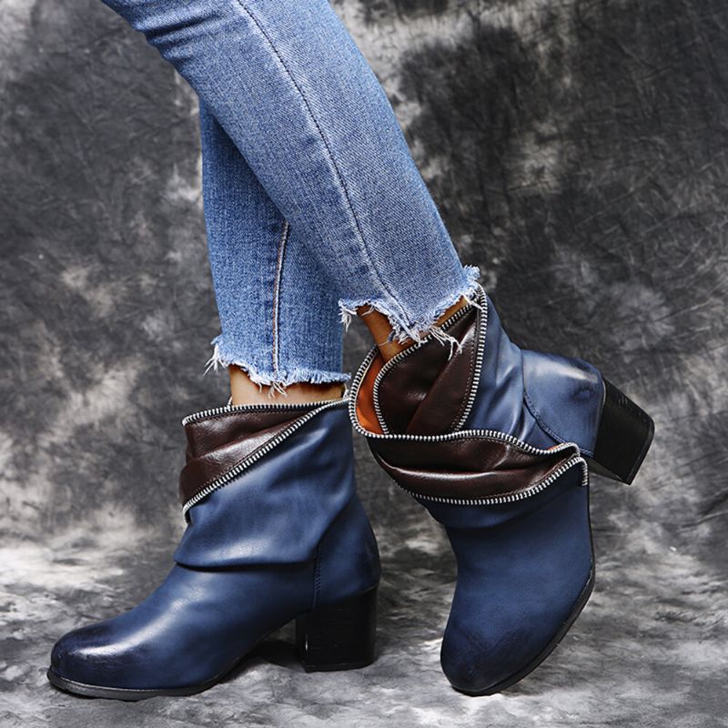 Plus Size Dam Retro Dragkedja Dekor Spänne Chunky Heel Korta Stövlar