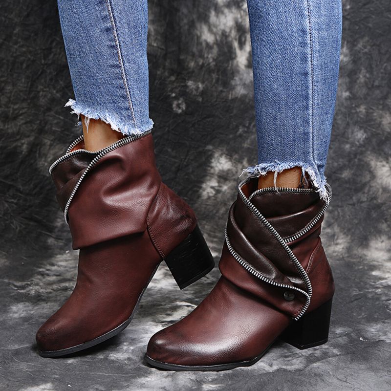 Plus Size Dam Retro Dragkedja Dekor Spänne Chunky Heel Korta Stövlar