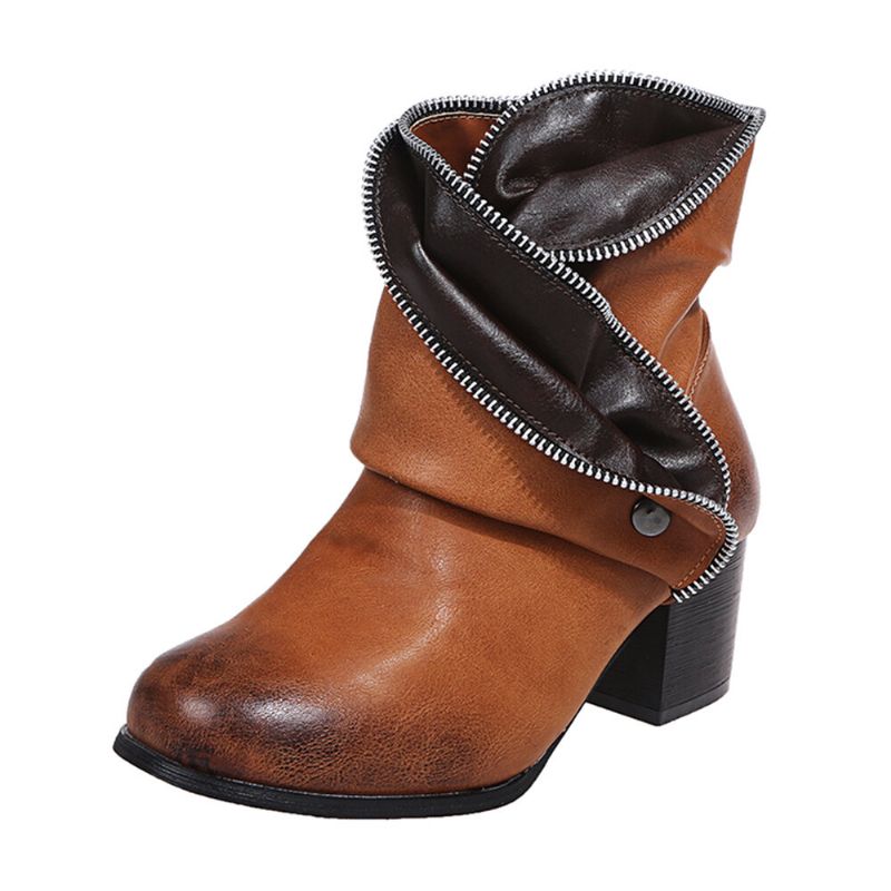 Plus Size Dam Retro Dragkedja Dekor Spänne Chunky Heel Korta Stövlar