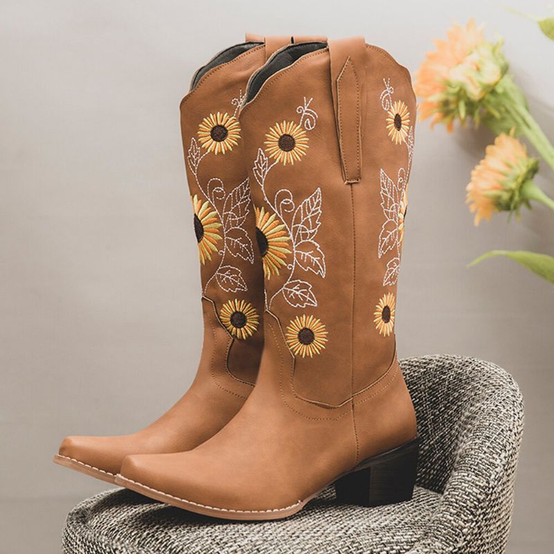 Plus Size Dam Retro Solros Broderade Chunky Heel Cowboystövlar Med Mitten Kalv