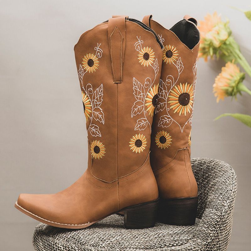 Plus Size Dam Retro Solros Broderade Chunky Heel Cowboystövlar Med Mitten Kalv