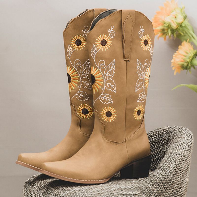 Plus Size Dam Retro Solros Broderade Chunky Heel Cowboystövlar Med Mitten Kalv