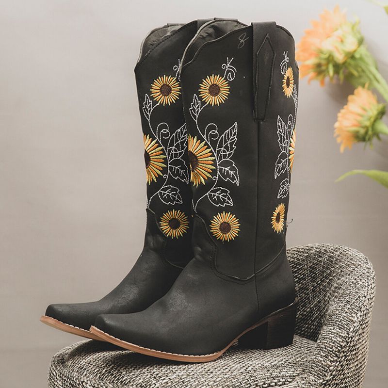 Plus Size Dam Retro Solros Broderade Chunky Heel Cowboystövlar Med Mitten Kalv