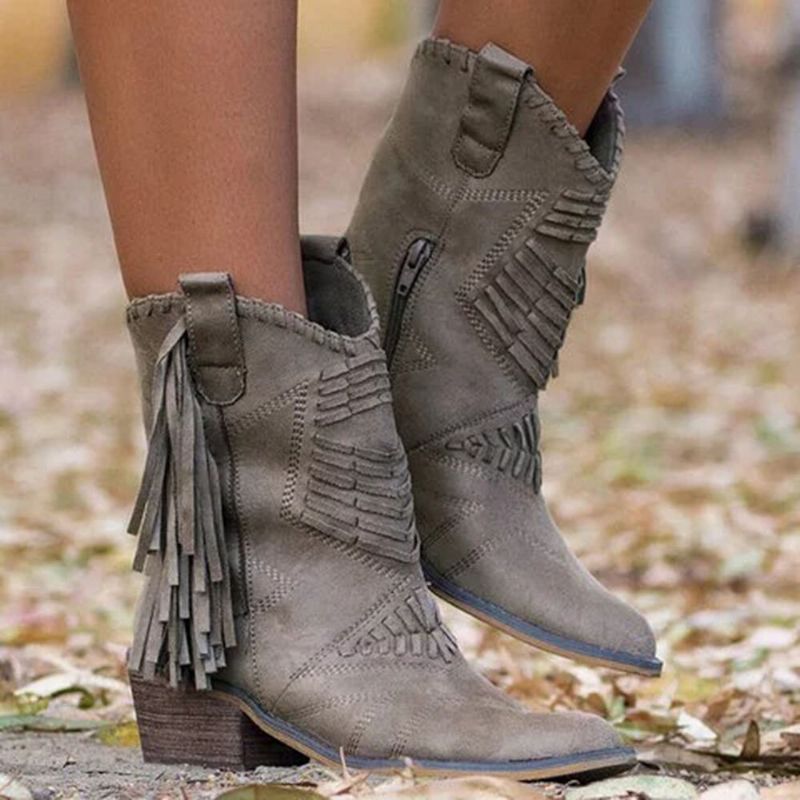 Plus Size Dam Tofs Sida Dragkedja Chunky Heel Cowboystövlar Med Mitten Vad