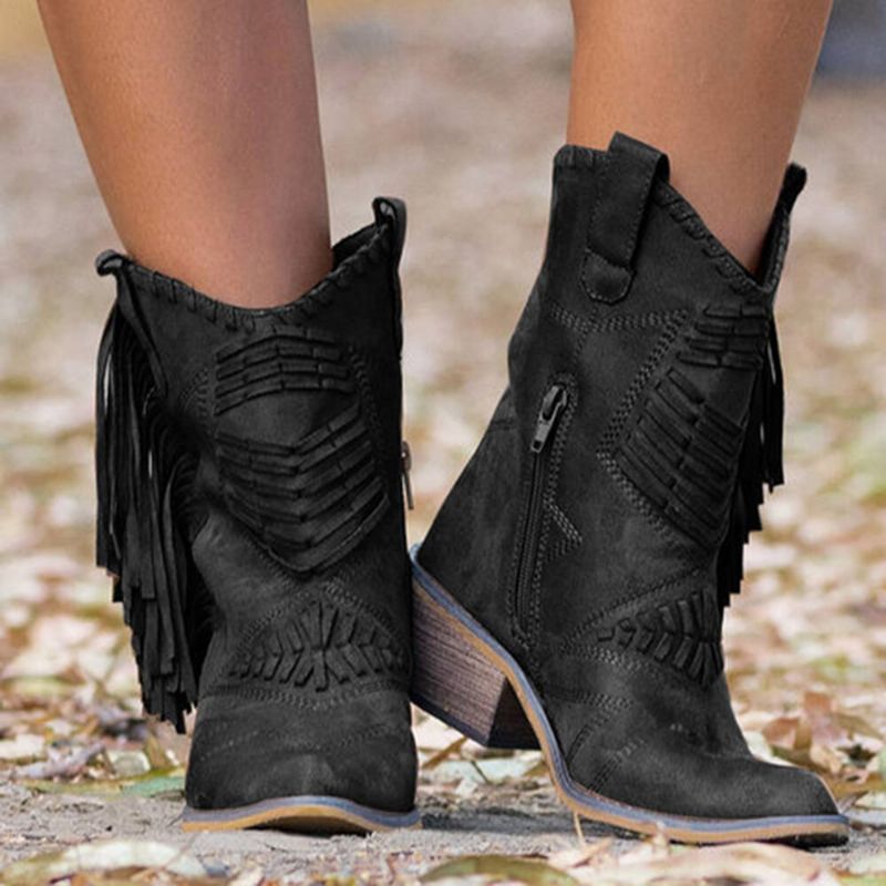 Plus Size Dam Tofs Sida Dragkedja Chunky Heel Cowboystövlar Med Mitten Vad