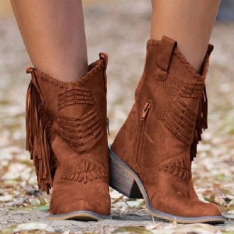 Plus Size Dam Tofs Sida Dragkedja Chunky Heel Cowboystövlar Med Mitten Vad