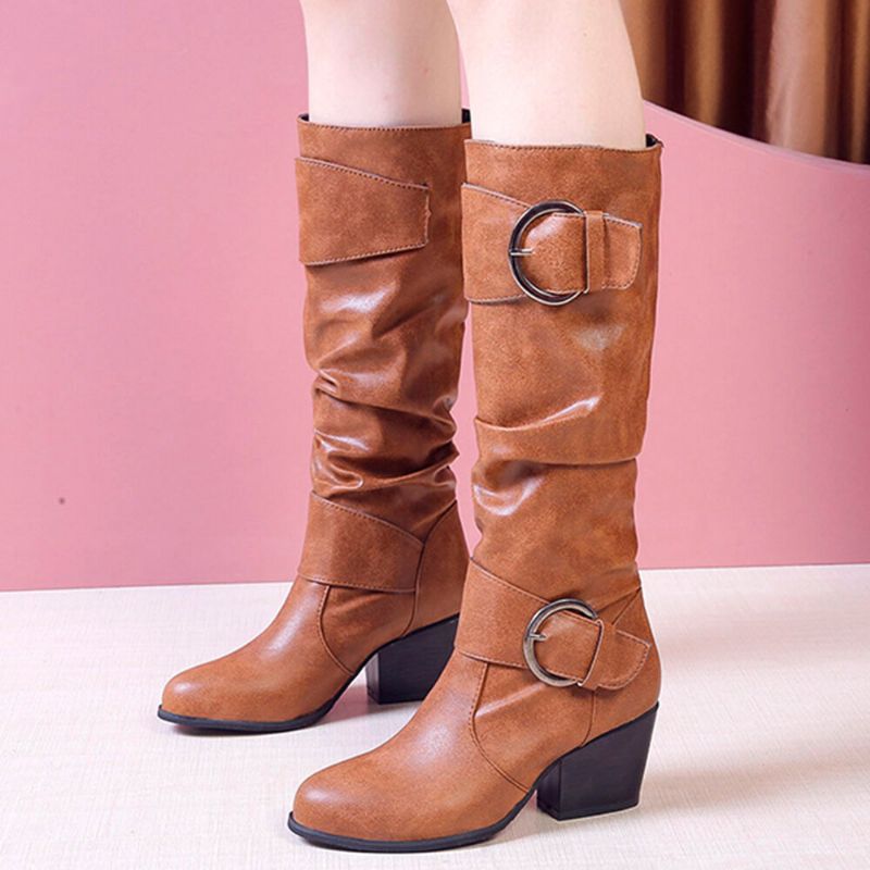 Plus Size Dam Warm Foder Spänne Slip On Chunky Heel Mid Calf Boots