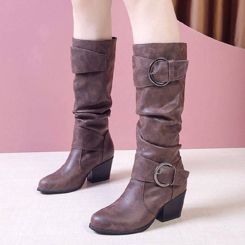 Plus Size Dam Warm Foder Spänne Slip On Chunky Heel Mid Calf Boots