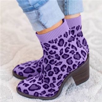 Plus Size Damer Andas Stickat Tyg Leopard Chunky Heel Korta Stövlar