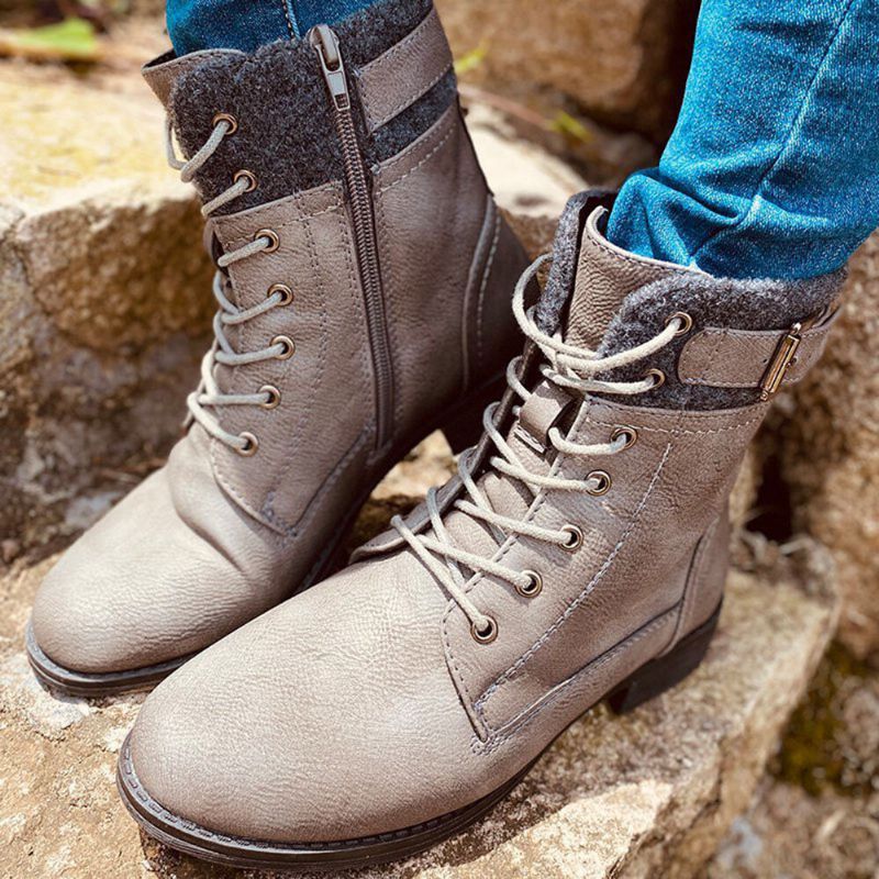 Plus Size Damer Casual Splicing Snörning Sido Dragkedja Combat Boots