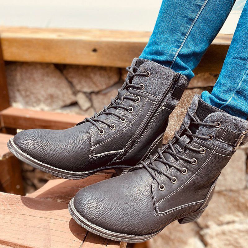 Plus Size Damer Casual Splicing Snörning Sido Dragkedja Combat Boots