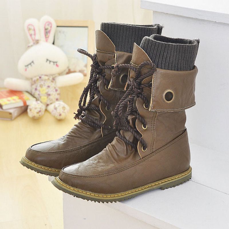 Plus Size Damer Casual Woolen Splicing Snörning Platta Mid Calf Boots