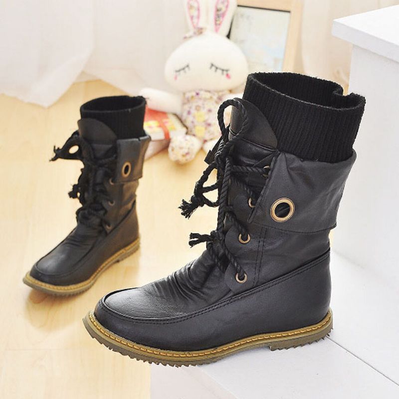 Plus Size Damer Casual Woolen Splicing Snörning Platta Mid Calf Boots