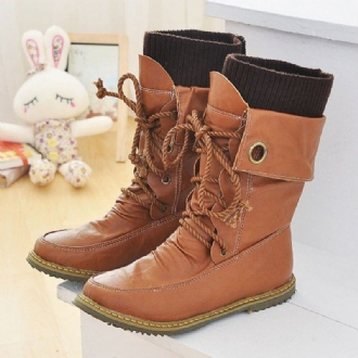 Plus Size Damer Casual Woolen Splicing Snörning Platta Mid Calf Boots